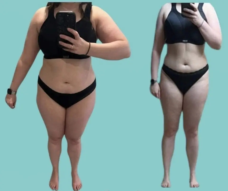 Before and after of a client: both sides show a front view against a teal background in a black sports bra and black briefs, holding a phone for a mirror photo.