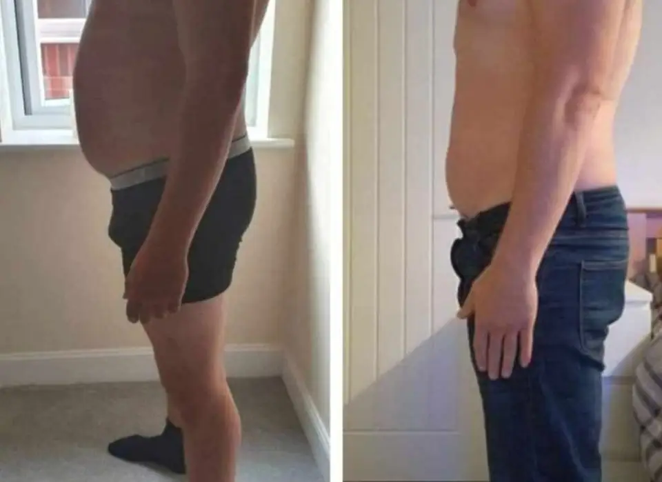 Before and after of a client: both sides show a side view of a shirtless man indoors, left in black boxer shorts by a window, right in blue jeans in front of a white panelled door.