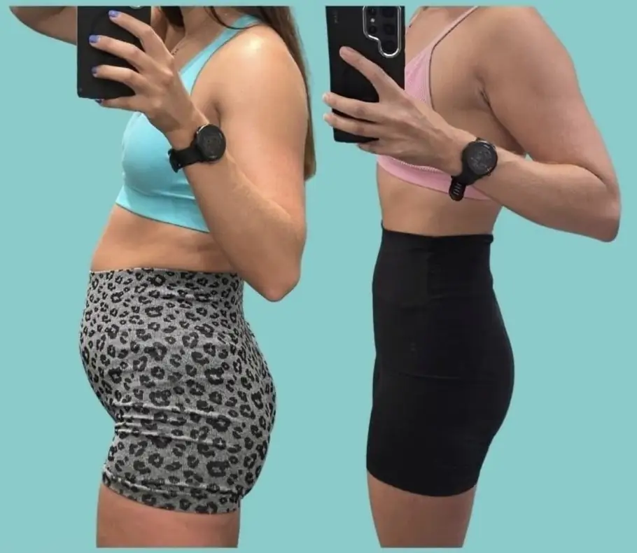 Before and after of a client: both sides show a side-on mirror selfie holding a black phone, left in a pale blue sports top and grey leopard-print shorts, right in a pink sports top and black cycling shorts, on a teal background.