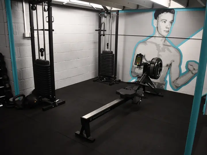 A rowing machine and a cable machine in front of a wall mural of a boxer in teal outline.
