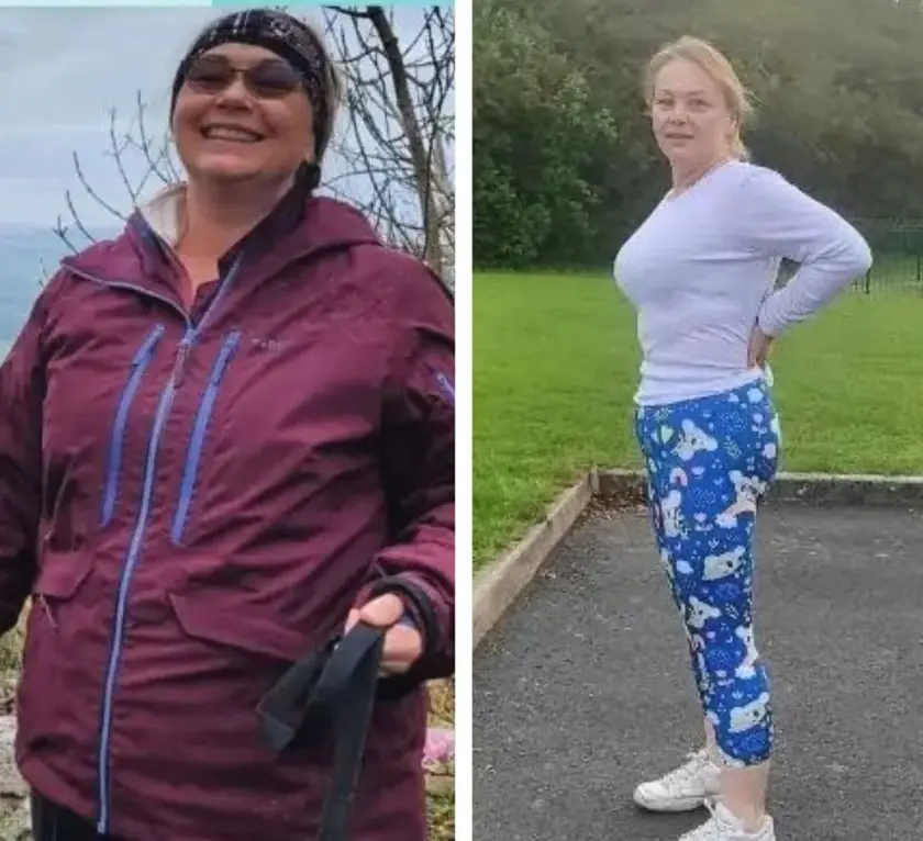 A before and after pair of another client: before, smiling in a purple hooded jacket on a hillside; after, standing side-on in a pale top and blue patterned leggings.