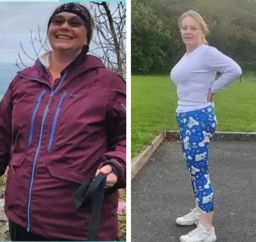 A before and after pair of another client: before, smiling in a purple hooded jacket on a hillside; after, standing side-on in a pale top and blue patterned leggings, each side labelled by Lucy.