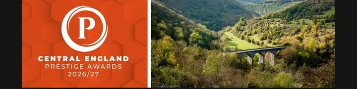 The Fitness Coach of the Year 26/27, Central England, awarded by Prestige Awards badge beside a photo of a hillside railway viaduct.